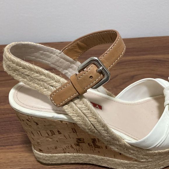 Prada Sport NWOT White Patent Leather Bow Cork Wedge Espadrille. Size 35.5. - Picture 8 of 11